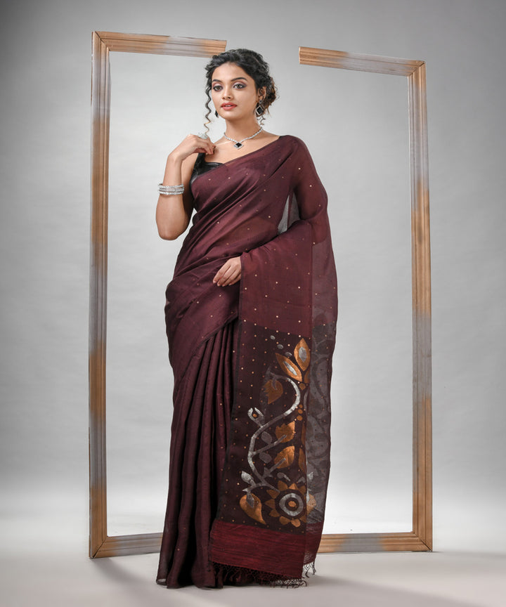 Maroon matka silk sequin bengal handloom jamdani saree