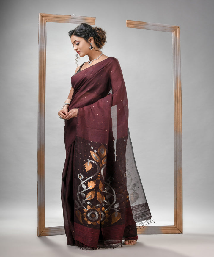 Maroon matka silk sequin bengal handloom jamdani saree