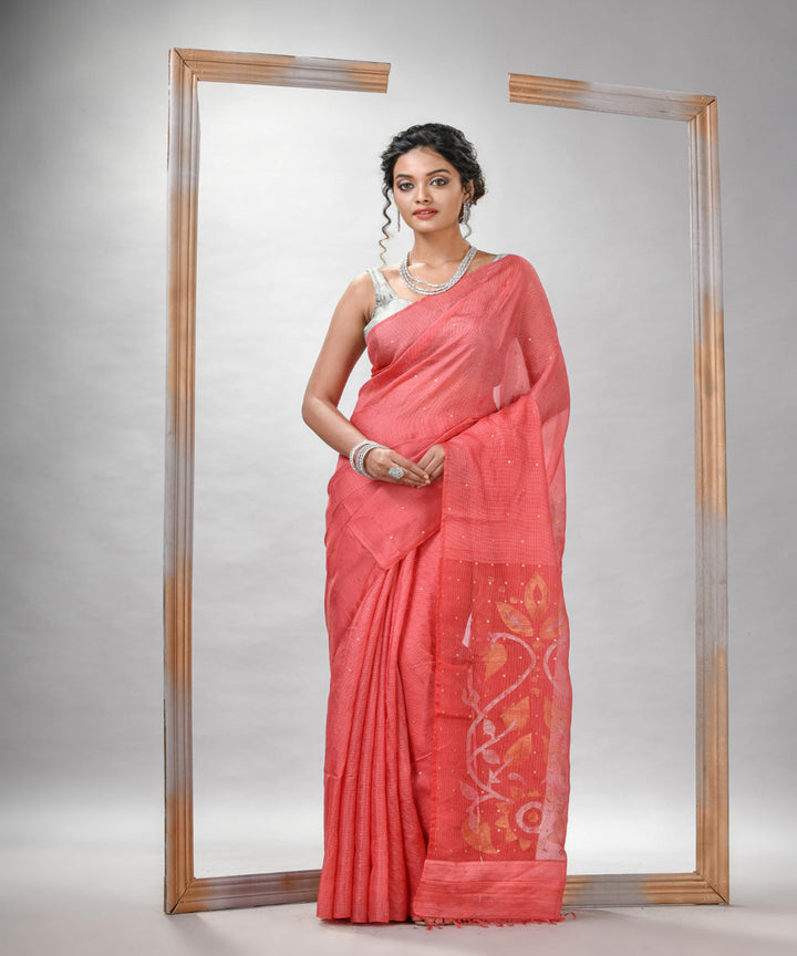 Peach orange silk sequin handloom bengal jamdani saree