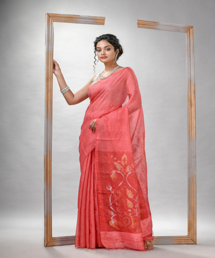 Peach orange silk sequin handloom bengal jamdani saree