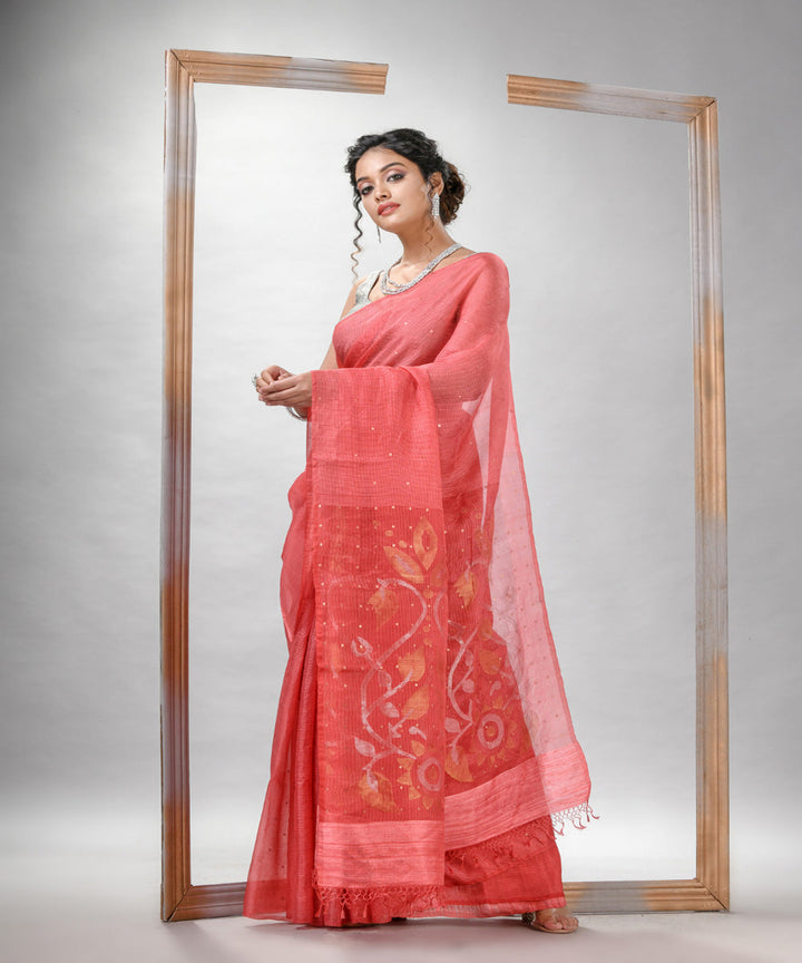 Peach orange silk sequin handloom bengal jamdani saree