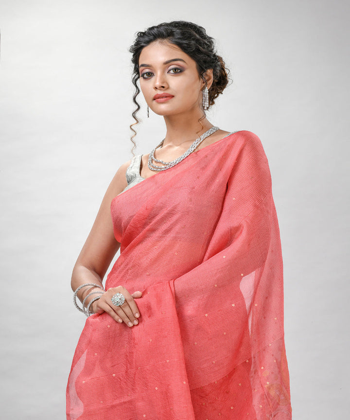 Peach orange silk sequin handloom bengal jamdani saree