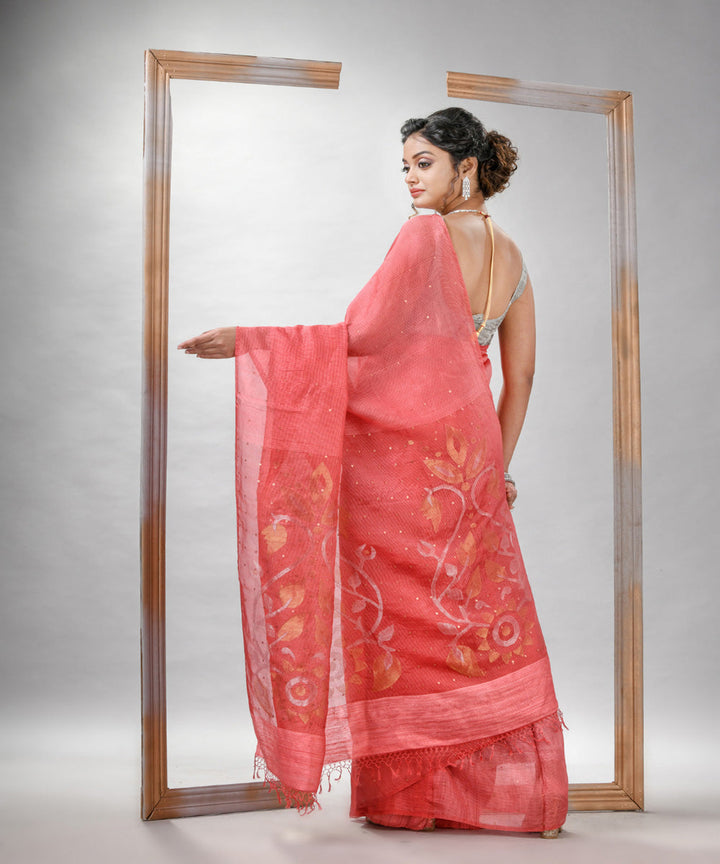 Peach orange silk sequin handloom bengal jamdani saree