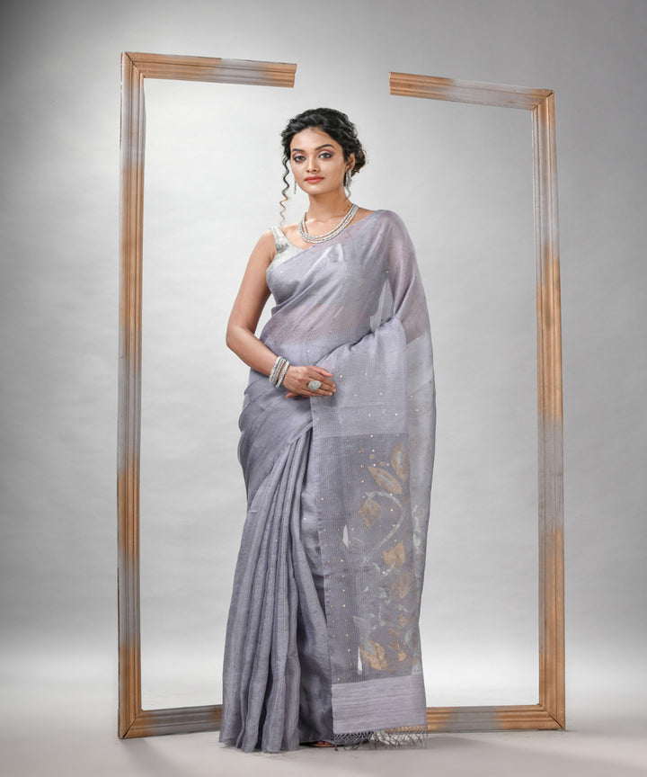 Silver matka silk sequin handloom bengal jamdani saree