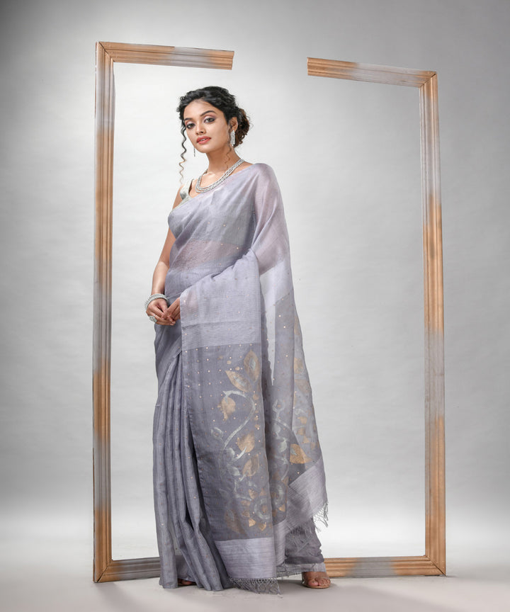 Silver matka silk sequin handloom bengal jamdani saree