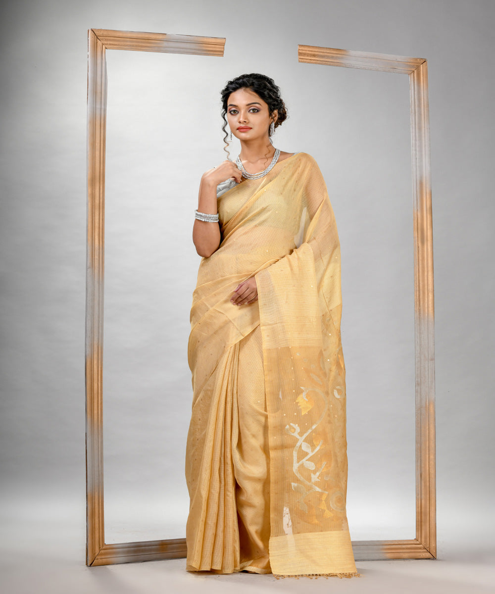 Light yellow matka silk sequin handloom bengal jamdani saree