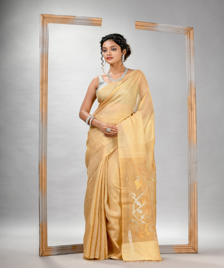Light yellow matka silk sequin handloom bengal jamdani saree
