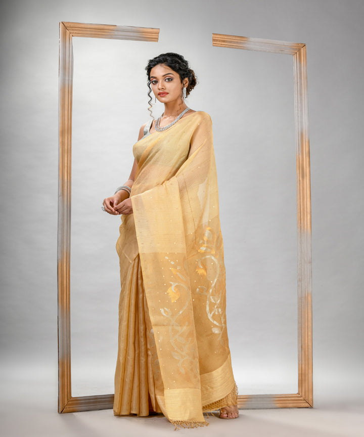 Light yellow matka silk sequin handloom bengal jamdani saree