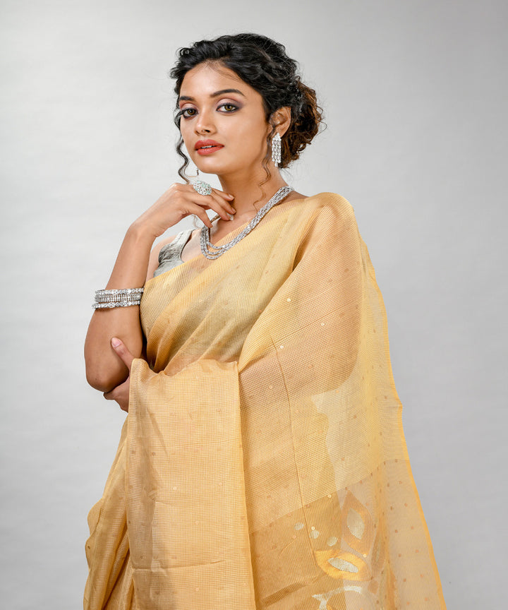 Light yellow matka silk sequin handloom bengal jamdani saree