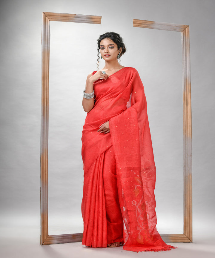 Red matka silk sequin handloom bengal jamdani saree