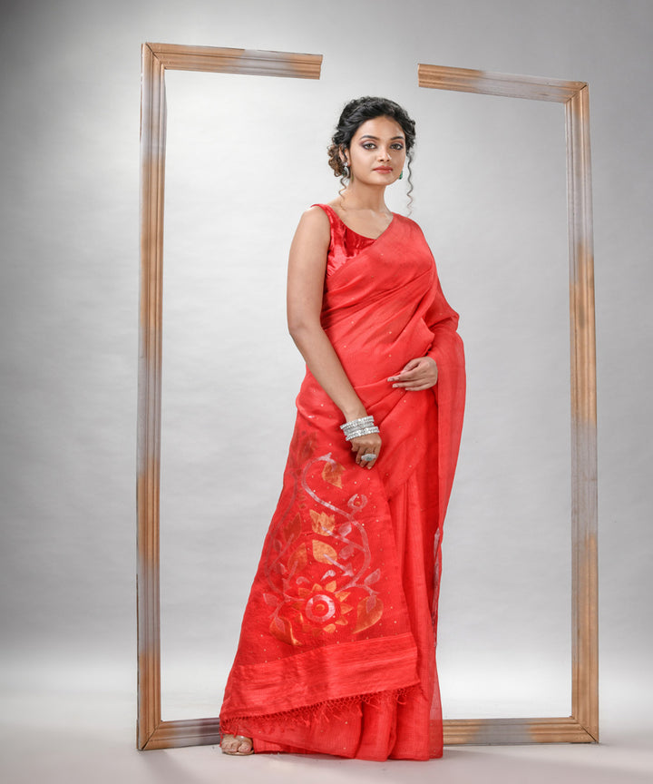 Red matka silk sequin handloom bengal jamdani saree