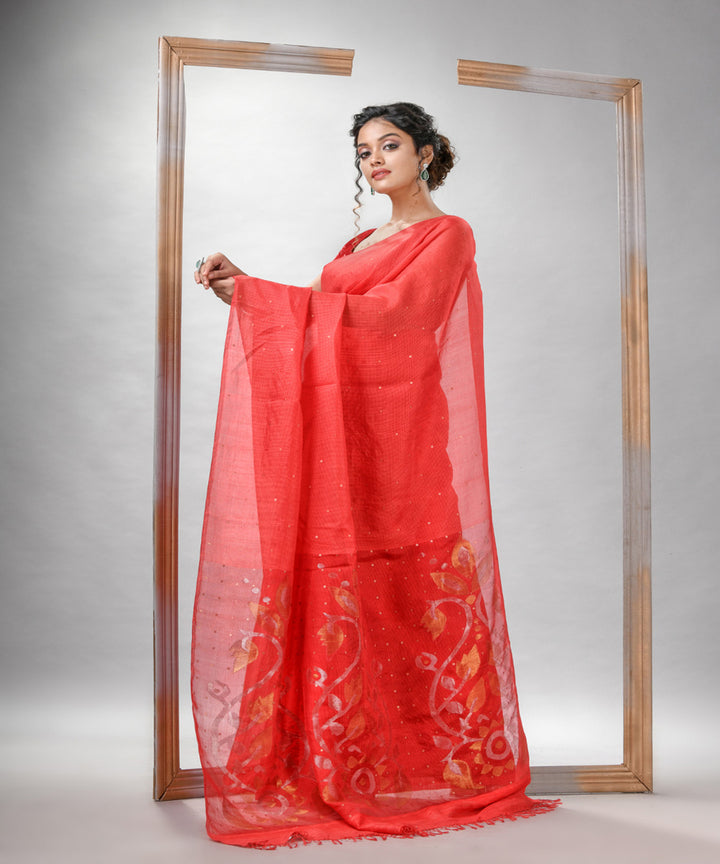 Red matka silk sequin handloom bengal jamdani saree