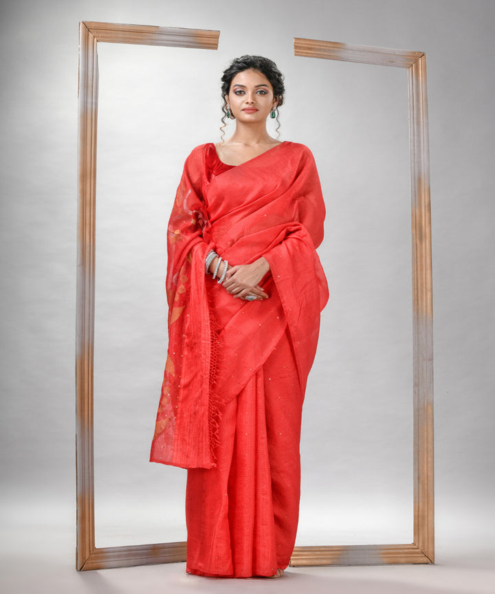 Red matka silk sequin handloom bengal jamdani saree