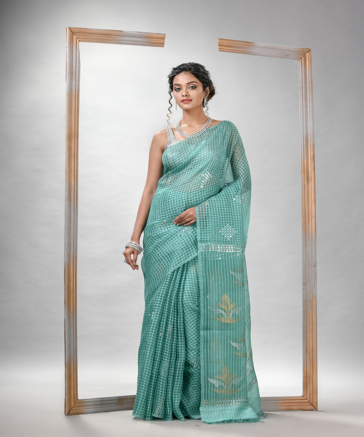 Alice blue matka silk sequin handloom bengal jamdani saree