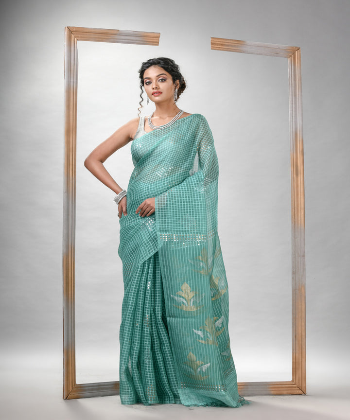 Alice blue matka silk sequin handloom bengal jamdani saree