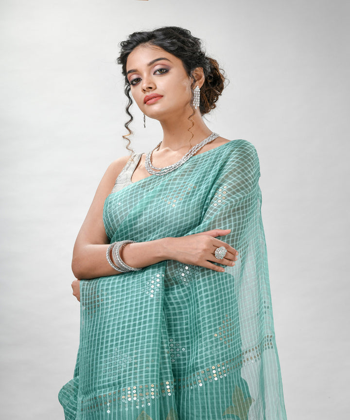 Alice blue matka silk sequin handloom bengal jamdani saree