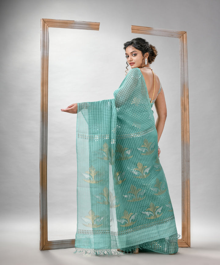 Alice blue matka silk sequin handloom bengal jamdani saree