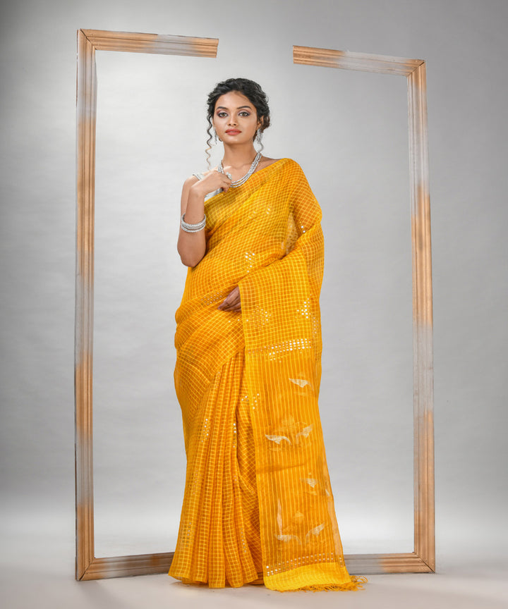 Yellow matka silk sequin handloom jamdani bengal saree