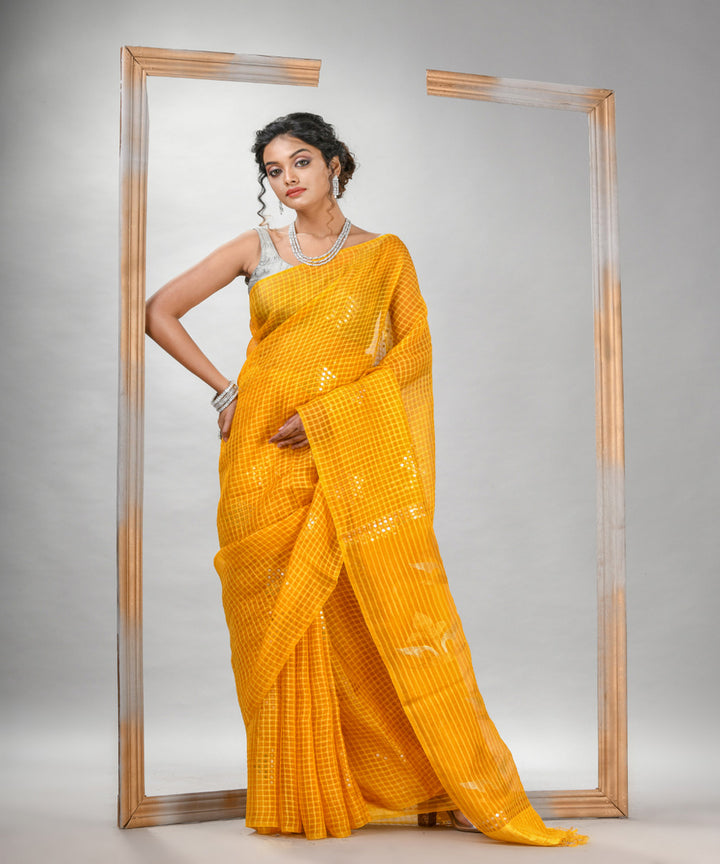 Yellow matka silk sequin handloom jamdani bengal saree