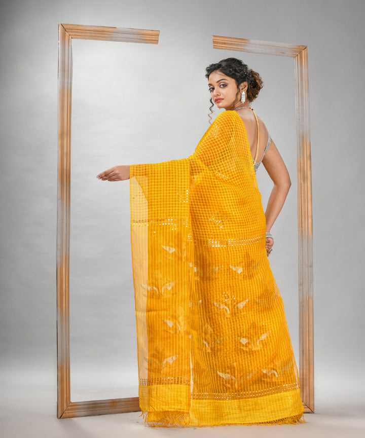 Yellow matka silk sequin handloom jamdani bengal saree