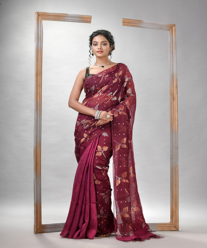 Maroon matka silk sequin handloom bengal jamdani saree