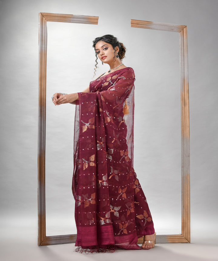 Maroon matka silk sequin handloom bengal jamdani saree