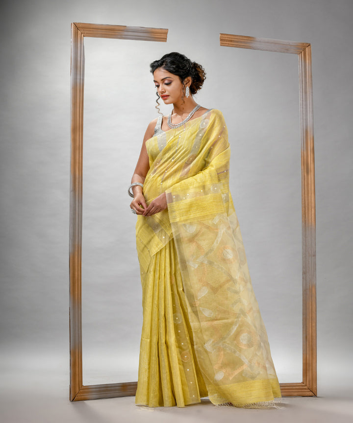 Yellow matka silk sequin bengal jamdani handloom saree