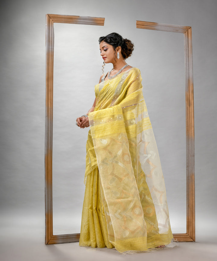 Yellow matka silk sequin bengal jamdani handloom saree