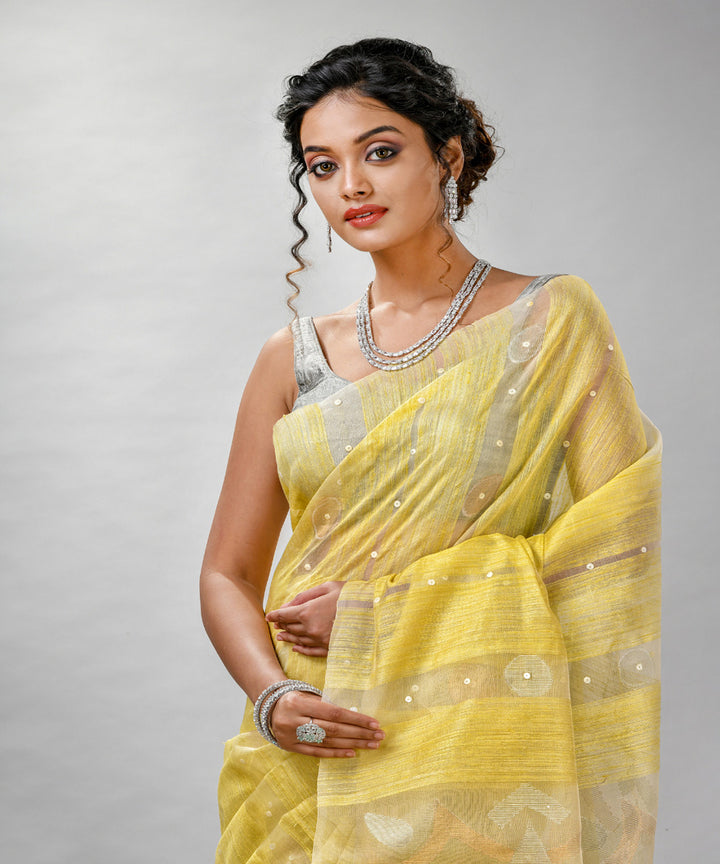 Yellow matka silk sequin bengal jamdani handloom saree