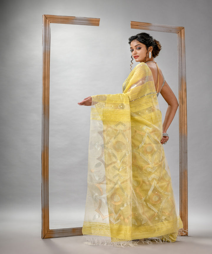 Yellow matka silk sequin bengal jamdani handloom saree