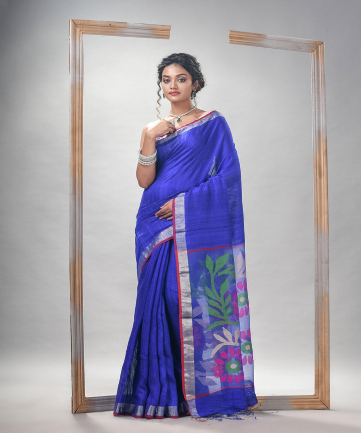 Royal blue silk matka handloom jamdani saree