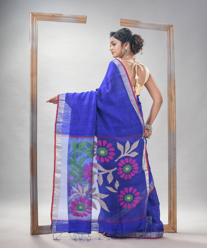 Royal blue silk matka handloom jamdani saree