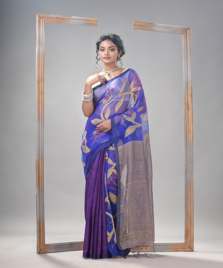 Royal blue silk matka handloom jamdani pallu stripes saree