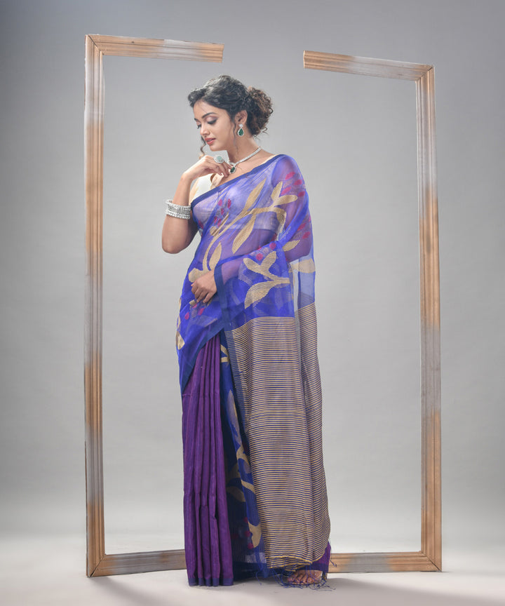 Royal blue silk matka handloom jamdani pallu stripes saree