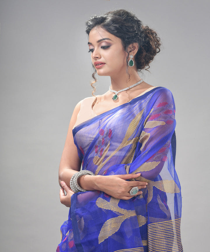 Royal blue silk matka handloom jamdani pallu stripes saree