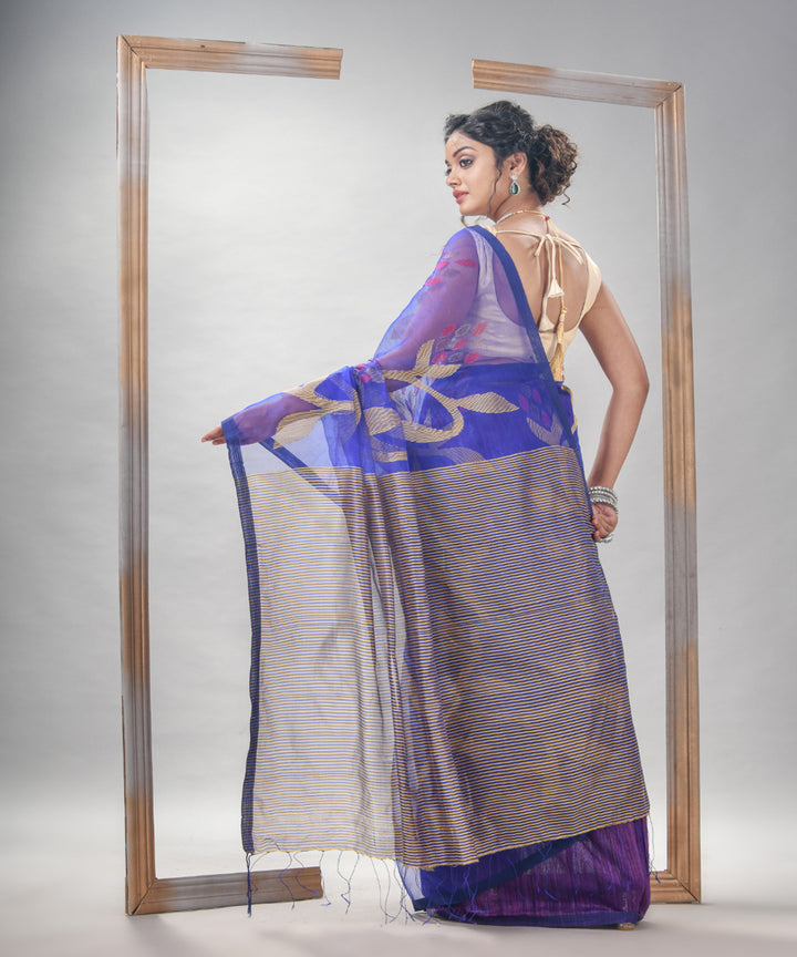 Royal blue silk matka handloom jamdani pallu stripes saree