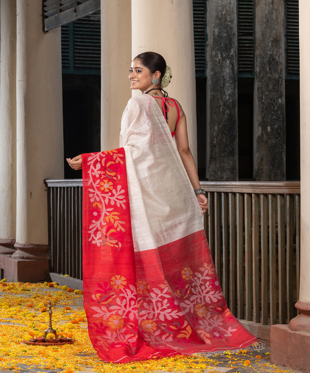 White red handwoven bengal jamdani matka silk saree