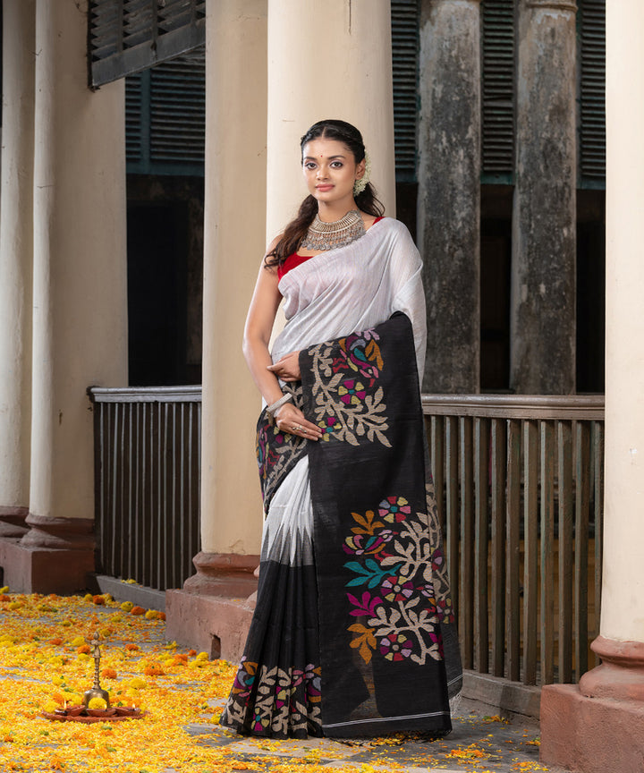 Steel black silk matka handwoven bengal jamdani saree