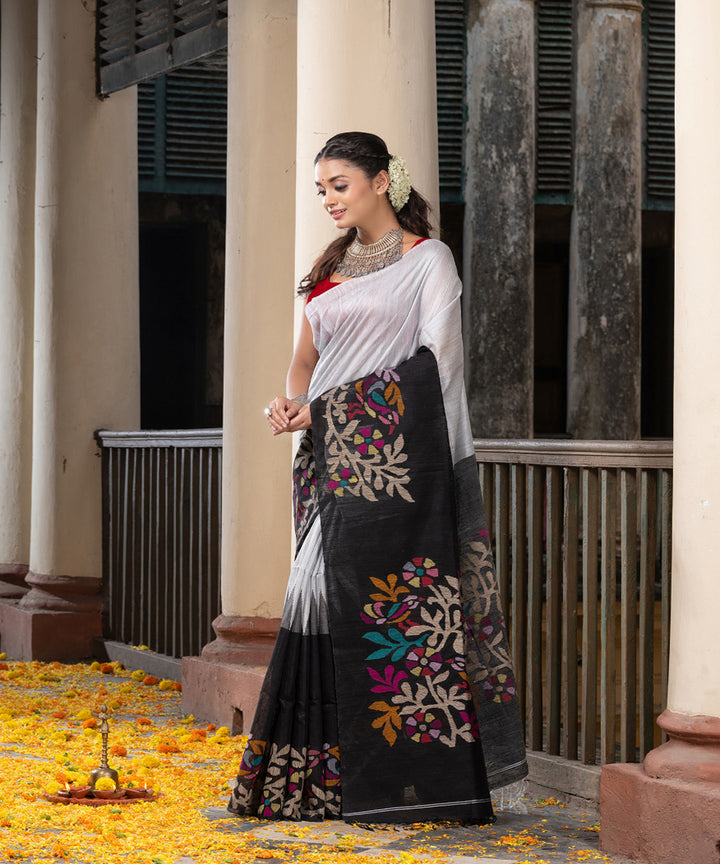 Steel black silk matka handwoven bengal jamdani saree