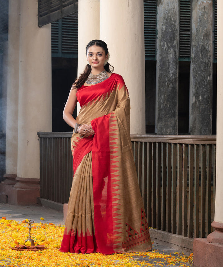 Beige red silk matka handloom jacquard jamdani saree