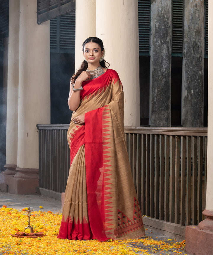 Beige red silk matka handloom jacquard jamdani saree