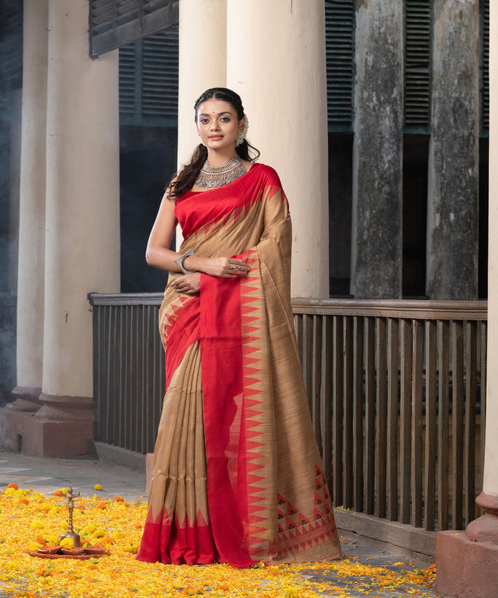 Beige red silk matka handloom jacquard jamdani saree