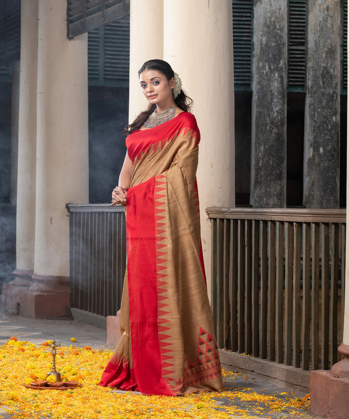 Beige red silk matka handloom jacquard jamdani saree