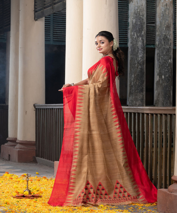 Beige red silk matka handloom jacquard jamdani saree