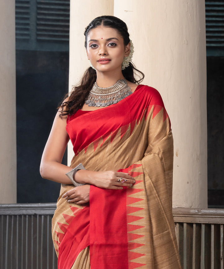 Beige red silk matka handloom jacquard jamdani saree