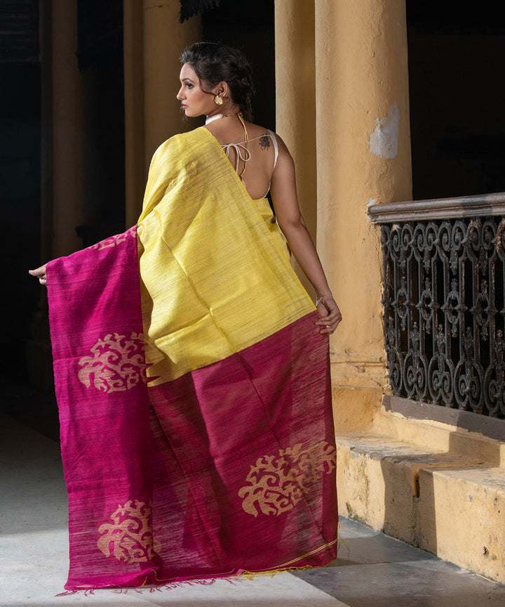 Yellow magenta silk matka handwoven bengal jamdani saree