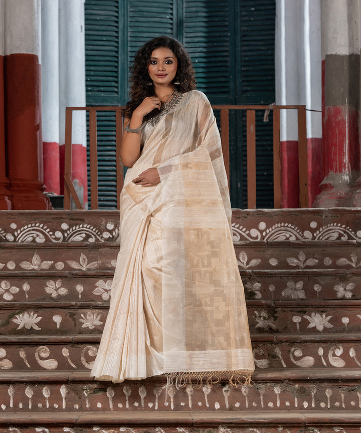 Beige silk matka sequin handloom bengal jamdani saree