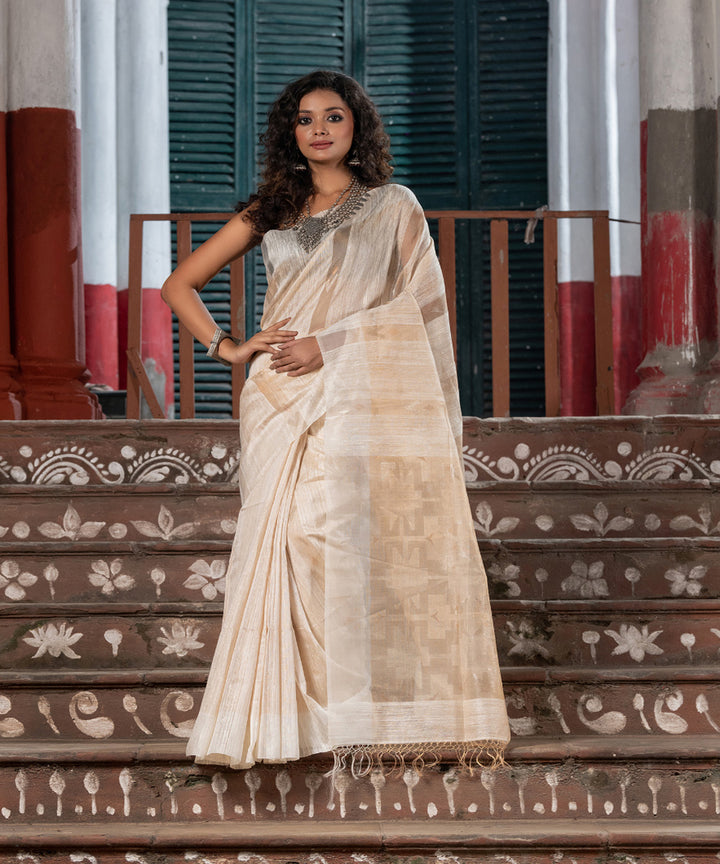 Beige silk matka sequin handloom bengal jamdani saree