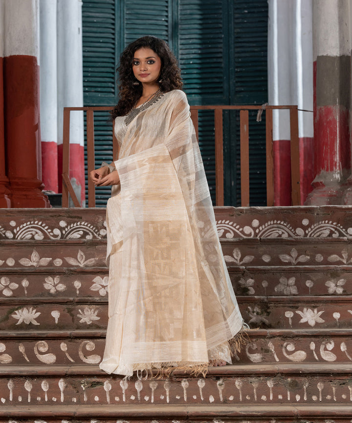 Beige silk matka sequin handloom bengal jamdani saree