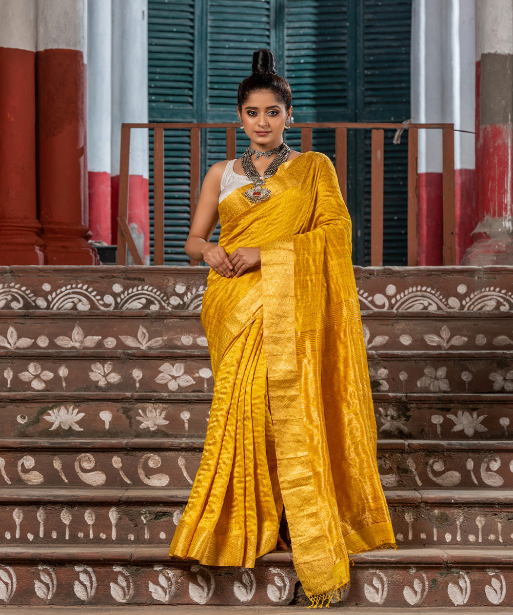 Yellow silk matka handloom bengal jamdani saree